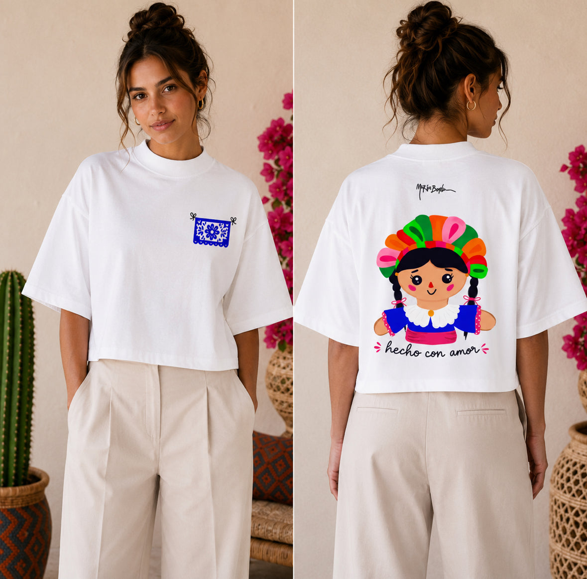 T-shirt Col rond coupe boxy "Hecho con amor" femme