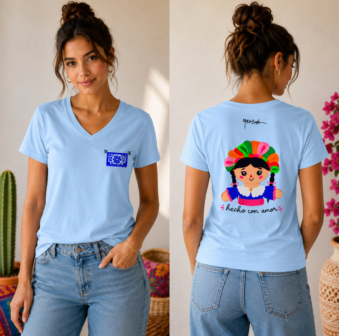 T-shirt Col V "hecho con amor" femme