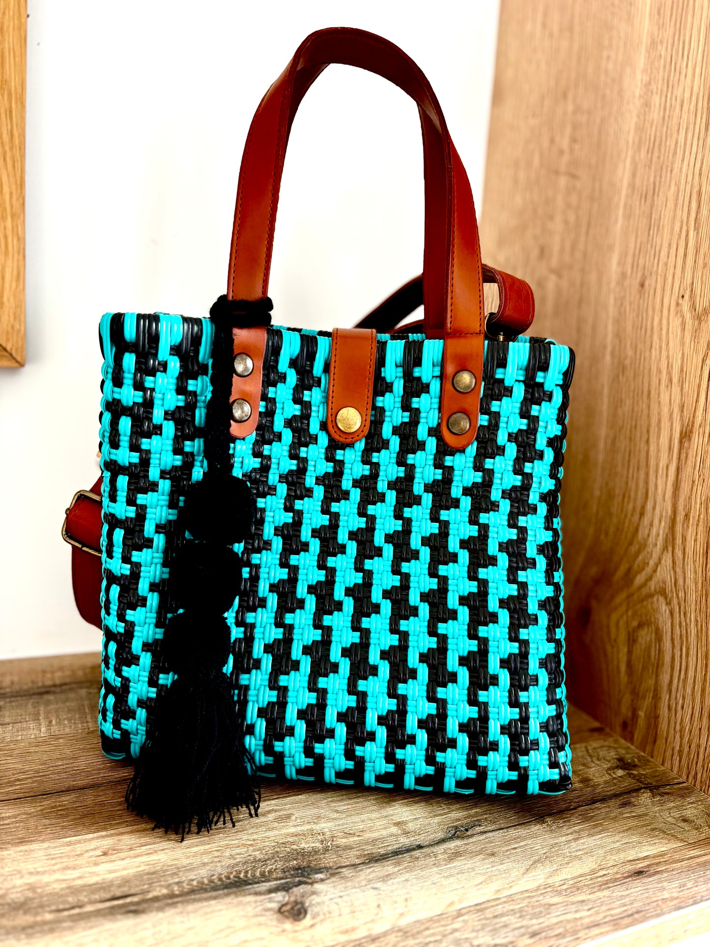 Tote bag pied de poule avec bandoulière en cuir