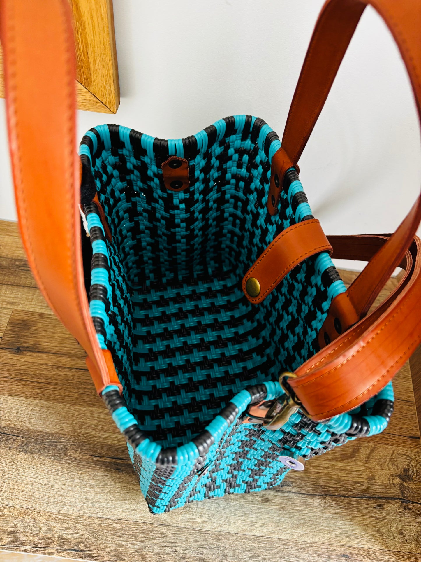 Tote bag pied de poule avec bandoulière en cuir