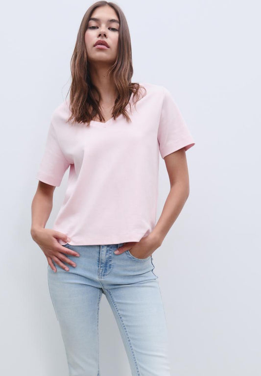 T-shirt regular fit col V Rose Pastel avec impression devant