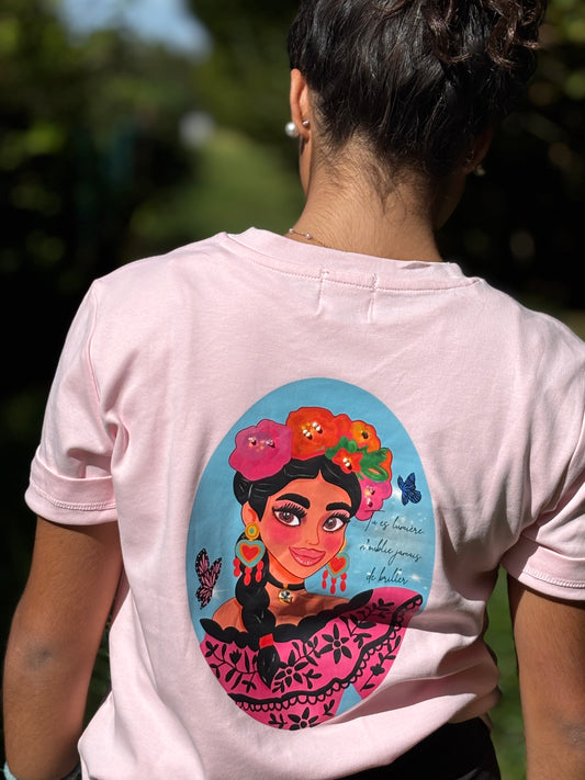 T-shirt  María Charra imprimé devant et derrière  fond turquoise sans appliques